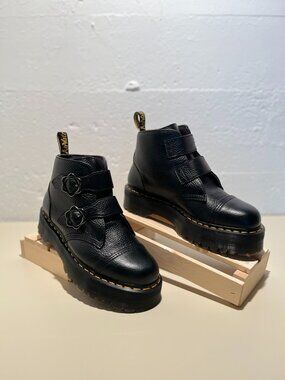 Dr. Martens Women's Devon Flower Buckle Black Leather Platform Boots